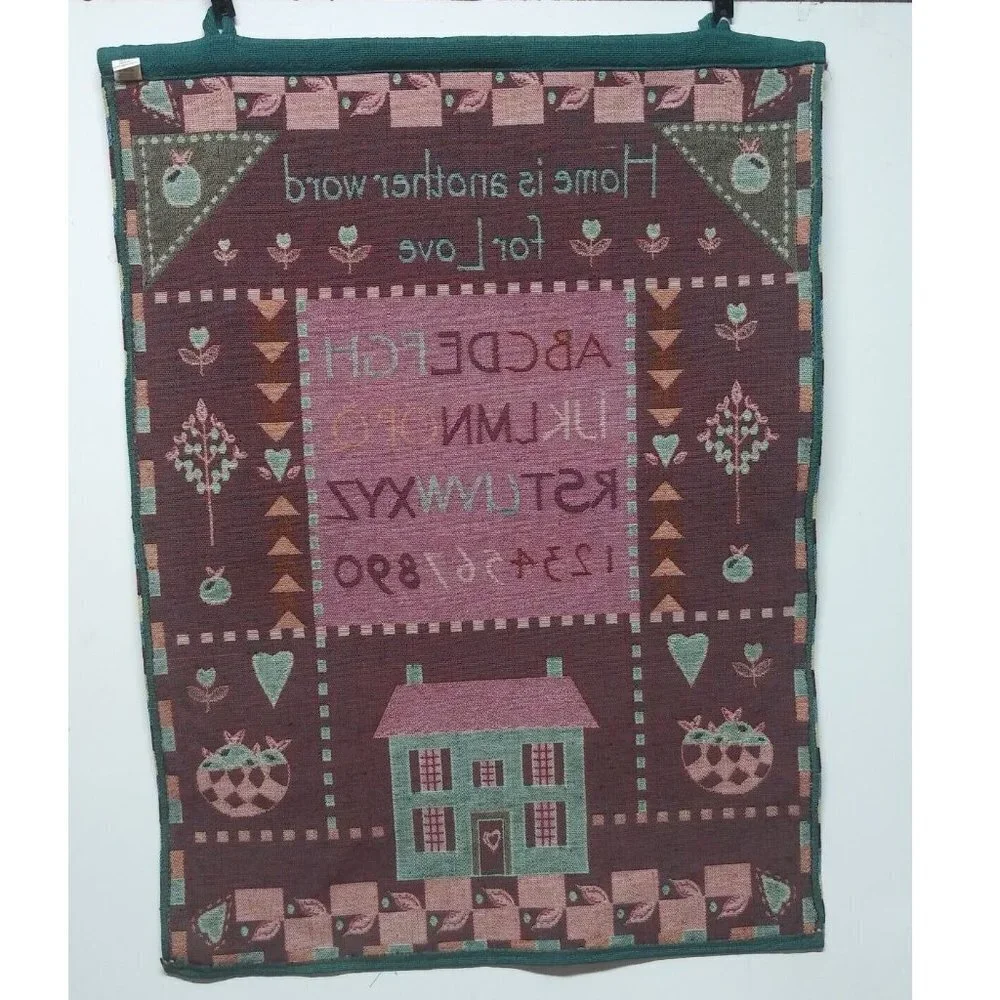 Vtg Wall Hanging Tapestry House Home school Scene 26.5